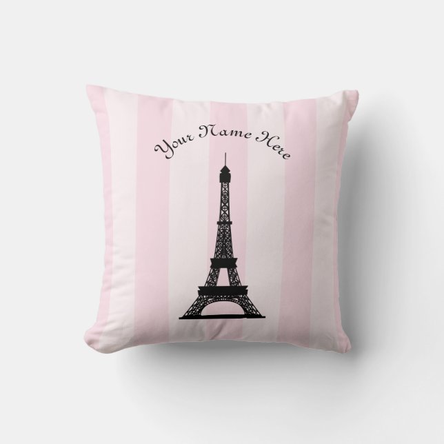 Chic Parisian Pink Stripe Black Eiffel Tower Kussen (Voorkant)