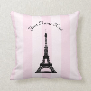 Chic Parisian Pink Stripe Black Eiffel Tower Kussen