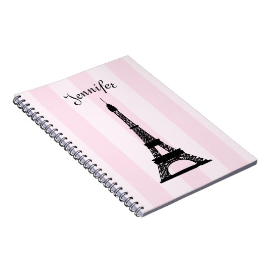 Chic Parisian Pink Stripe Black Eiffel Tower Notitieboek (Rechterzijde)