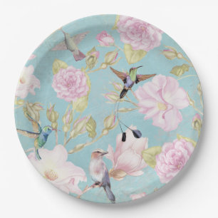 Chic Pastel Blauwgroen Rozen Hummingbird Patroon Papieren Bordje