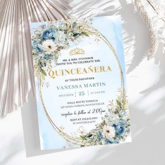 Chic Pastel Blue Gold Eucalyptus Quince Invitation
