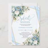 Chic Pastel Blue White Gold Flowers Sweet 16 Kaart (Voorkant)