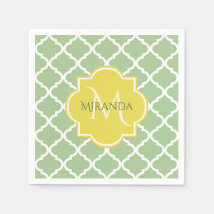 Chic Pastel Green Quatrefoil Yellow Name Monogram Servet