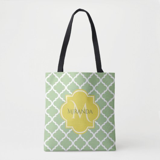 Chic Pastel Green Quatrefoil Yellow Name Monogram Tote Bag (Voorkant)