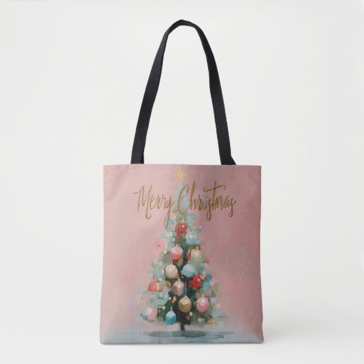 Chic Pastel Pink Christmas Tree Tote Draagtas (Voorkant)