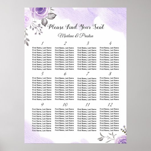 Chic Pastel Purple 12 Tables Tableau Mariage (Devant)