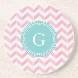 Chic Pastel Roze & Mint Chevron Aangepast monogram Zandsteen Onderzetter