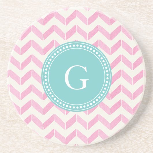 Chic Pastel Roze & Mint Chevron Aangepast monogram Zandsteen Onderzetter (Voorkant)