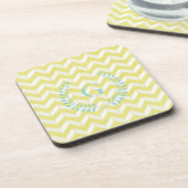 Chic Pastel Yellow Blauwgroen Chevron Custom Monog Bier Onderzetter (Linkerzijde)