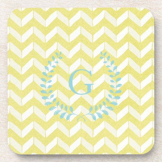 Chic Pastel Yellow Blauwgroen Chevron Custom Monog Bier Onderzetter (Voorkant)