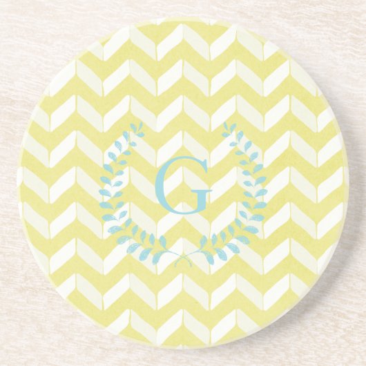 Chic Pastel Yellow Blauwgroen Chevron Custom Monog Zandsteen Onderzetter (Voorkant)