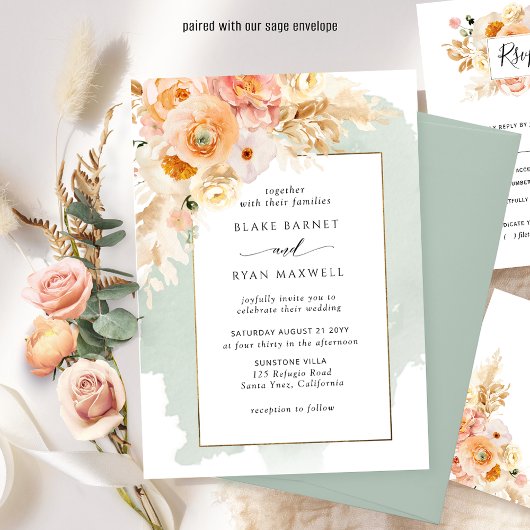 Chic Peach, Blush, Champagne, Sage Floral Wedding Kaart