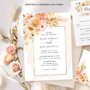 Chic Peach Blush en Champagne Floral Wedding Kaart