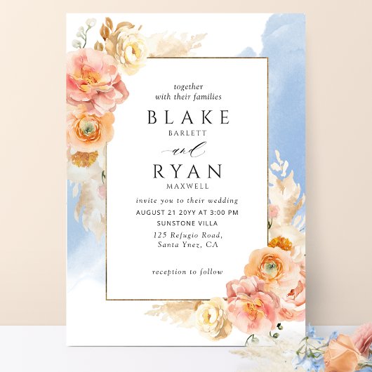 Chic Peach Blush Floral, Blue Waterverf Wedding Kaart