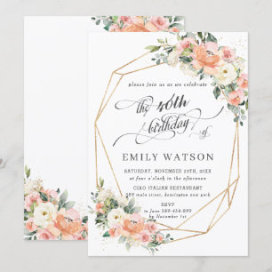 Chic Peach Ivory Pink Floral Birthday Geometric Kaart