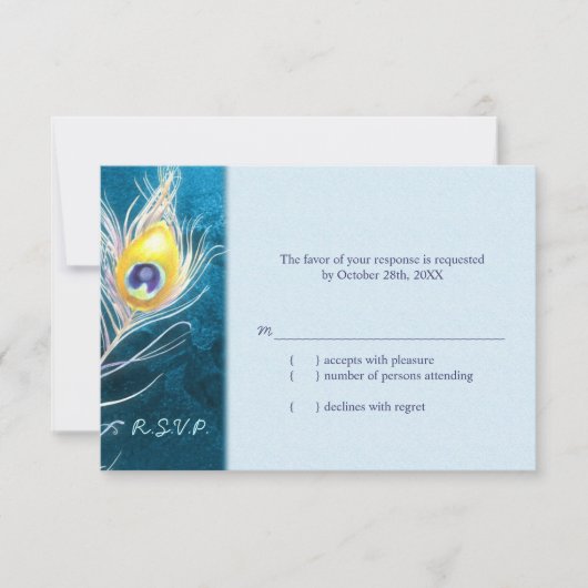 Chic Peacock Feather Blue Wedding RSVP (Devant)