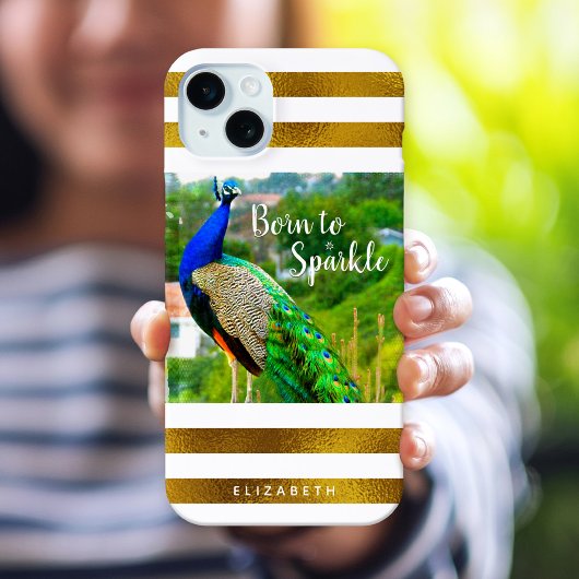 Chic Peacock geboren op Sparkle Gold White Stripes Case-Mate iPhone Case