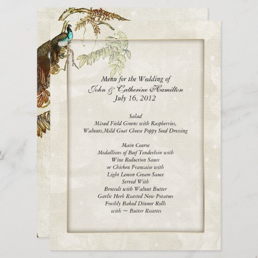 Chic Peacock Wedding Menus Menu (Voorkant / Achterkant)