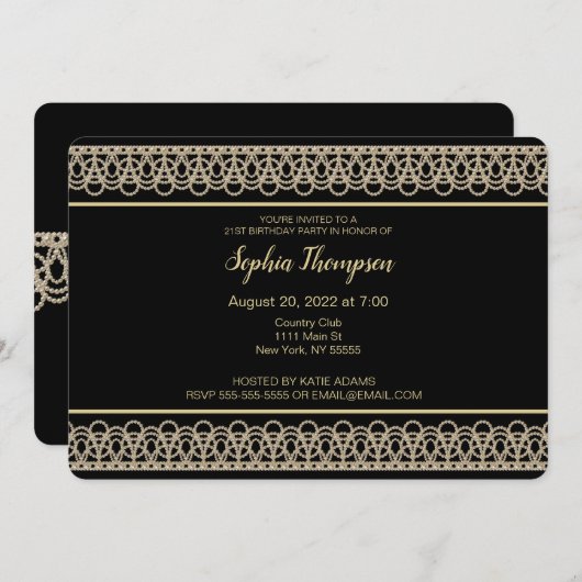 Chic Pearl Border 21st Birthday Party Invitation Kaart (Voorkant / Achterkant)