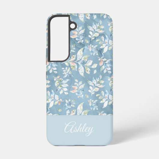 Chic Personalized Name/ Pastel Blue Leaf Motif Samsung Galaxy Hoesje (Achterkant)