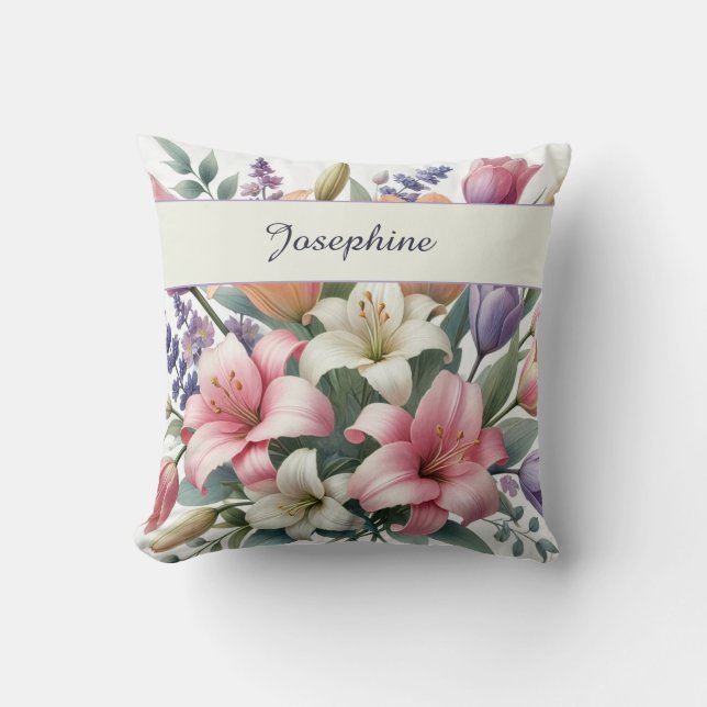 Chic Personalized Watercolor Floral Pink Orange Kussen (Voorkant)