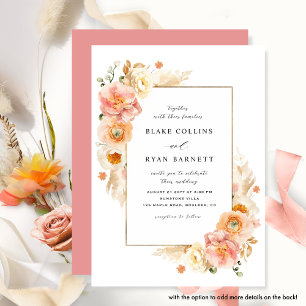 Chic perzik en koraal roze delicate bloemen bruilo kaart