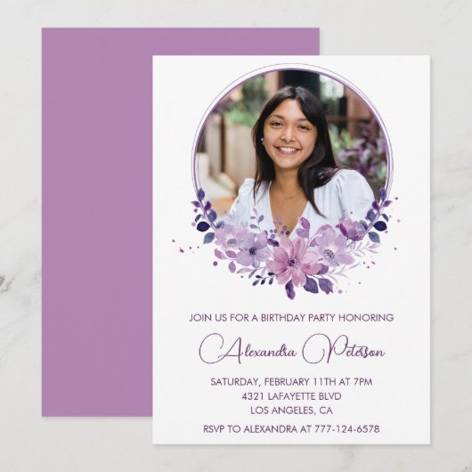 Chic Photo 27e anniversaire invitation Floral Purp (Devant / Derrière)