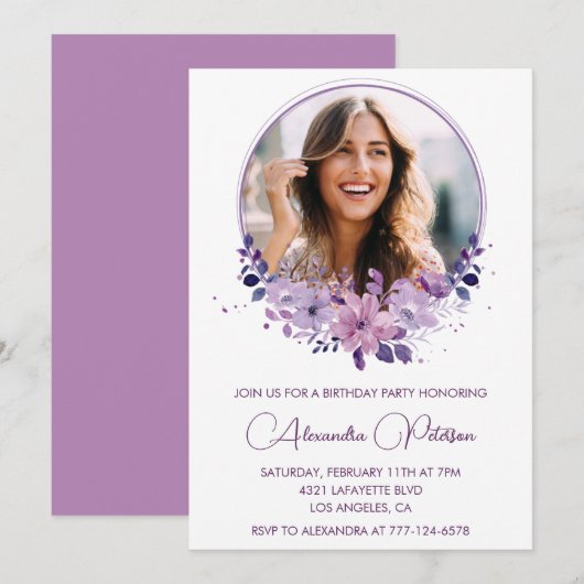 Chic Photo 42e anniversaire invitation Floral Purp (Devant / Derrière)