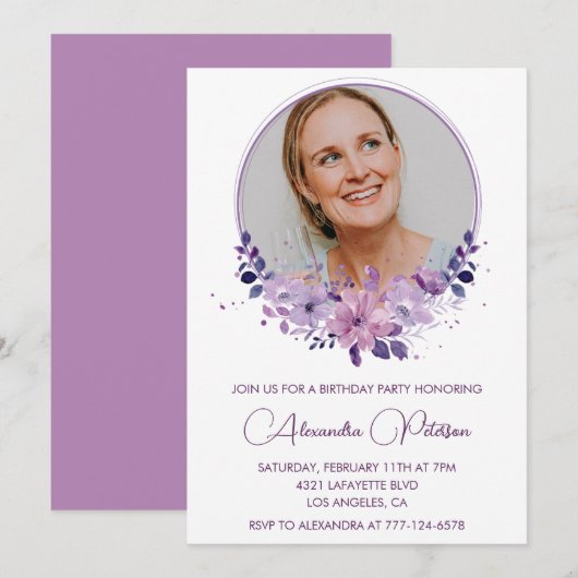 Chic Photo 66e anniversaire invitation Floral Purp (Devant / Derrière)