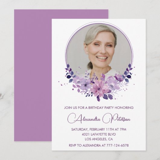 Chic Photo 77e anniversaire invitation Floral Purp (Devant / Derrière)
