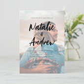 Chic Photo Overlay Minimalist Script Weddenschap B Kaart (Staand voorkant)