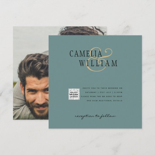 Chic Photo Wedding Invite QR Code Save Date Green (Voorkant / Achterkant)