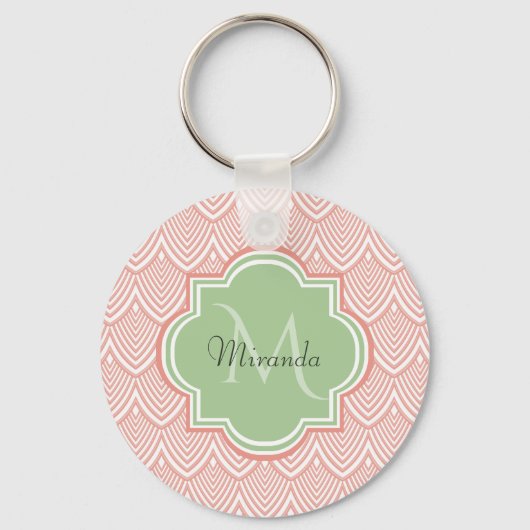 Chic Pink Arching Scallops Soft Green Monogram Nam Sleutelhanger (Voorkant)