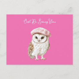 Chic Pink Beret Brown White Owl Be Seeing You Briefkaart