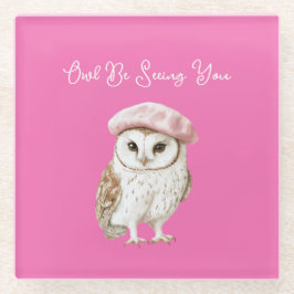 Chic Pink Beret Brown White Owl Be Seeing You Glazen Onderzetter