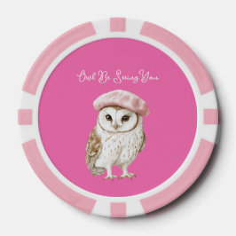Chic Pink Beret Brown White Owl Be Seeing You Poker Chips
