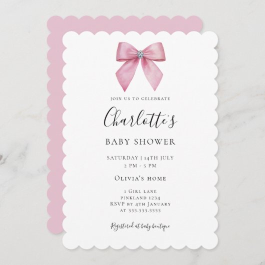 Chic Pink Bow Girl Baby Shower Invitation (Devant / Derrière)