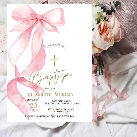 Chic Pink Bow Gold Cross Baptism Kaart
