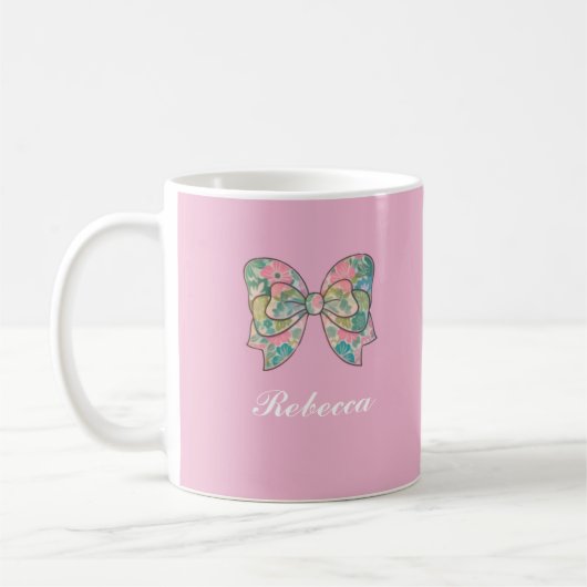 Chic Pink Bow Personalized Name Two-Tone Mug (Gauche)