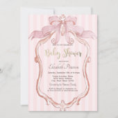 Chic Pink Bow Retro Frame Striped Baby Shower  Kaart (Voorkant)