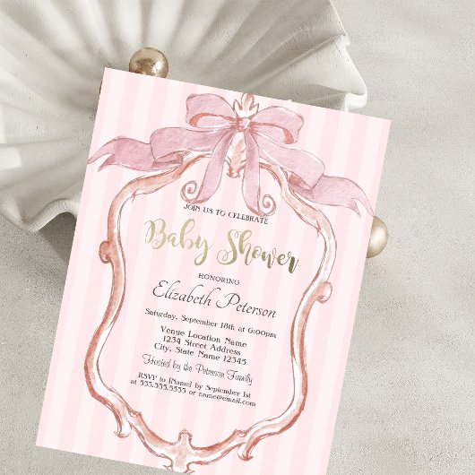 Chic Pink Bow Retro Frame Striped Baby Shower  Kaart