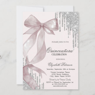 Chic Pink Bow Silver Glitter Drips Quinceañera Kaart