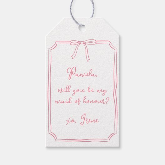 Chic Pink Coquette Bow Maid of Honor Voorstel Cadeaulabel (Voorkant)