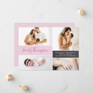 Chic Pink Custom name and baby girl photocollage Aankondiging