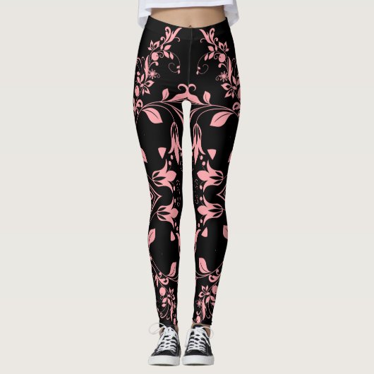 Chic Pink Damask Pattern Women's Workout Leggings (Voorkant)