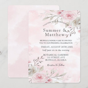 Chic Pink en Gray Waterverf Peony Rustic Wedding Kaart