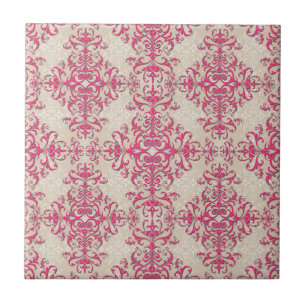 Chic Pink en Off White Floral Damask Patroon Tegeltje