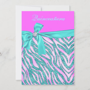 Chic Pink Fake Glitter Zebra Quinceanera Party Kaart