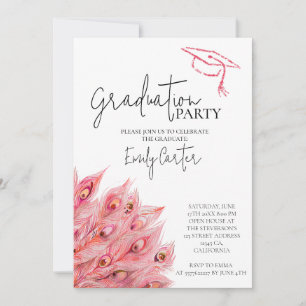 Chic Pink Feather Graduation Party Kaart