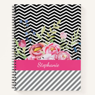 Chic Pink Floral Black en White Chevrons and Name Notitieboek